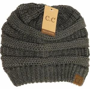 #1822 C.C. NWT Metallic Dark Grey Gray Silver Cable Knit CC Beanie Hat